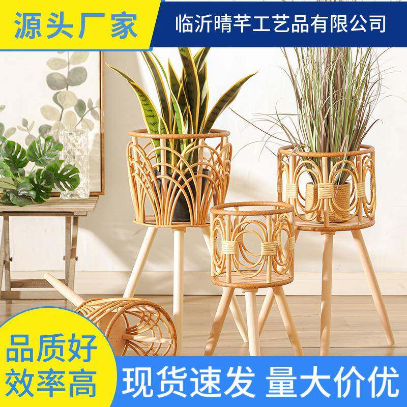 跨境室内编织花盆仿藤花架三角客厅落地式镂空花架阳台竹编花篮