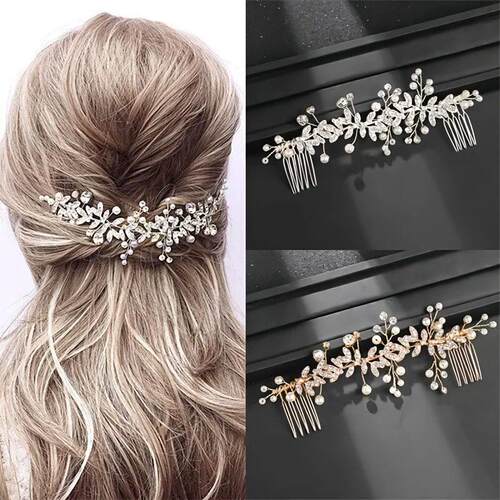 Crystal Pearl Hair Comb Clip Pin Rhinestone Leaf Hair Comb H