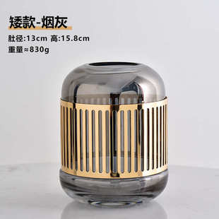 风格后餐桌金色现代玄关电视柜花瓶插花玻璃奢铁艺轻金属摆件客厅