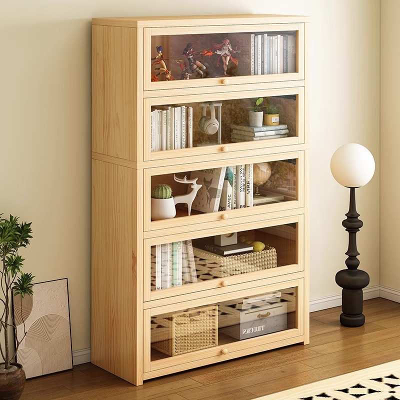 带门一体靠墙展示柜家用储物柜亚克力书架落地置物架防尘松木书柜