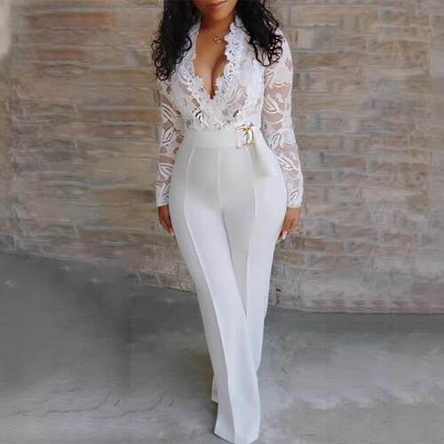Crochet Lace Trim Deep V-Neck Floral Lace Spliced Overalls