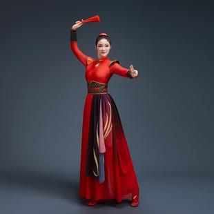 正品红鼓色打鼓服喜威风锣广服场庆舞扇子舞演出服大气古装女侠风