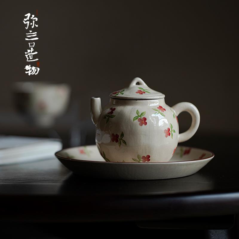 粉引粗陶釉下彩手绘茶壶家用日式小茶壶单壶带过滤手工泡茶壶