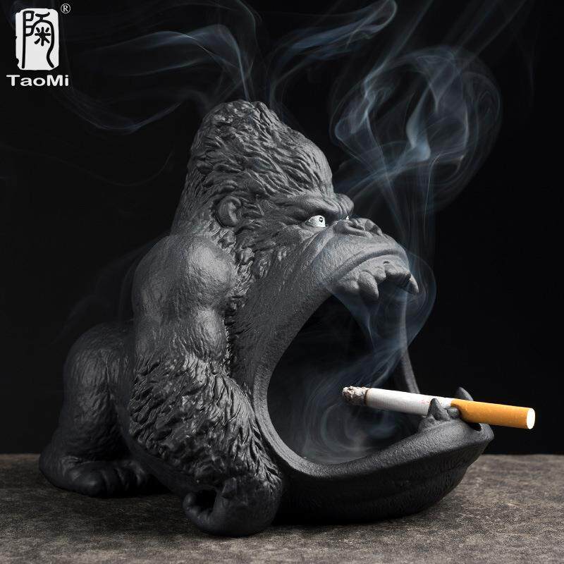 陶迷创意凶悍大金刚烟灰缸大容量家用陶瓷防飞灰车载大号烟缸摆件