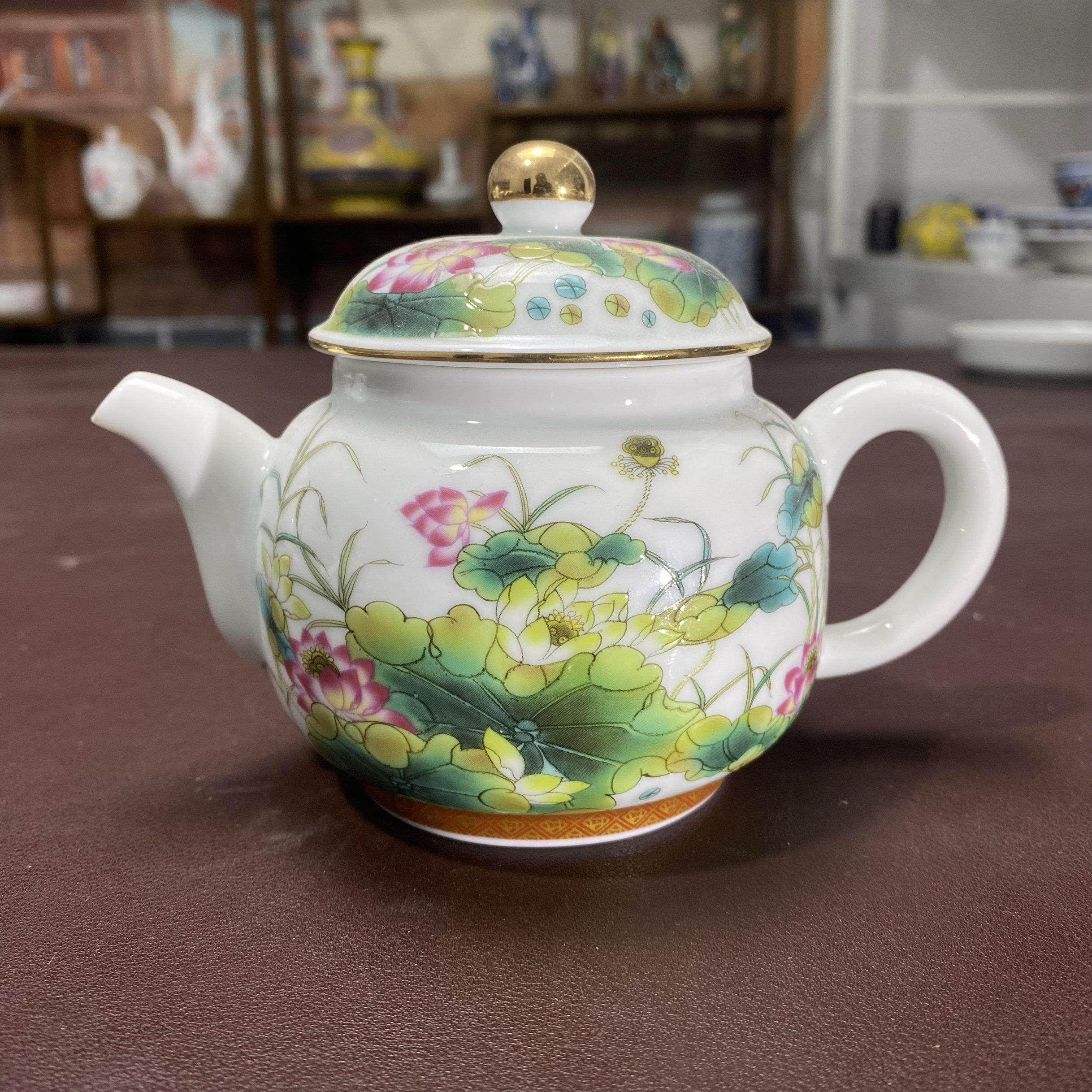 景德镇陶瓷茶壶家用泡茶器功夫茶套装中国古董珐琅彩绘金莲寿桃