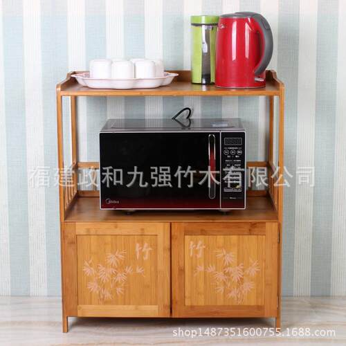 新款直销九强 碗柜 厨房置物架 楠竹收纳柜 微波炉餐边 实木三层