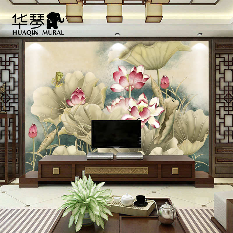 华琴 荷花莲花大型定制壁画壁布中式壁纸客厅卧室环保 无纺布墙纸