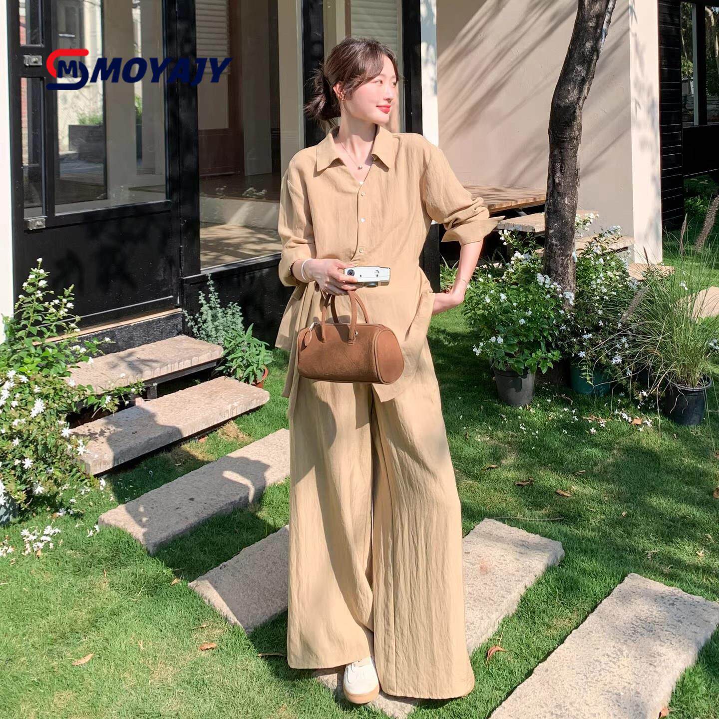 MOYAJY品牌2026春夏卡其色亚麻衬衫阔腿裤套装女气质老钱风两件套