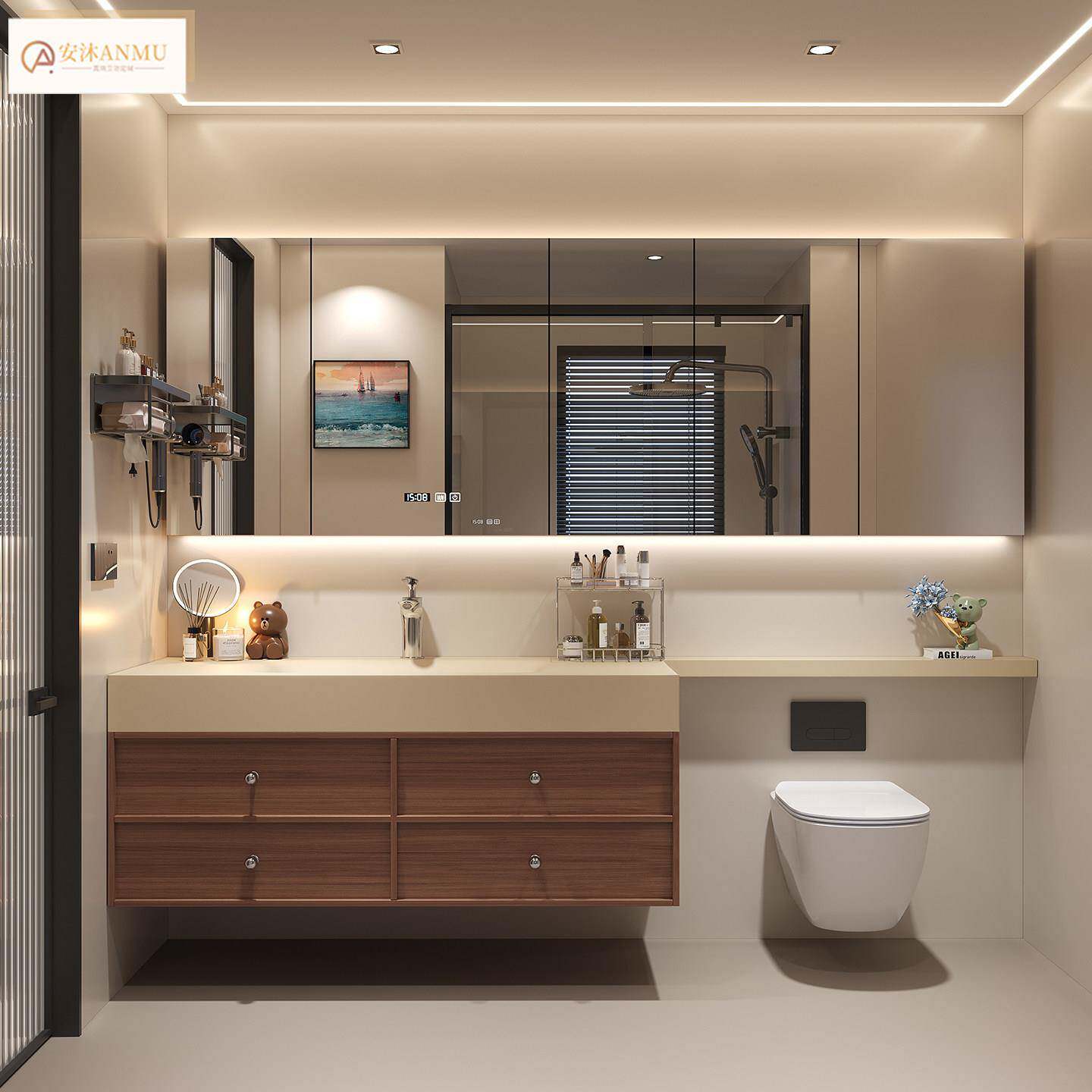 中古风骨骼线岩板热弯一体盆延长板镜柜浴室柜组合侧边开放格定制