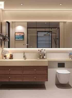 中古风骨骼线岩板热弯一体盆延长板镜柜浴室柜组合侧边开放格定制