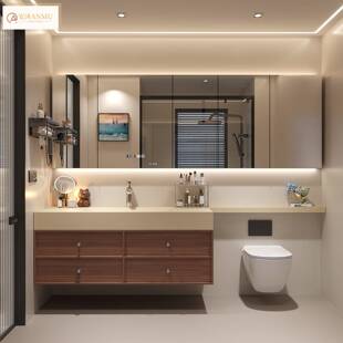 中古风骨骼线岩板热弯一体盆延长板镜柜浴室柜组合侧边开放格定制