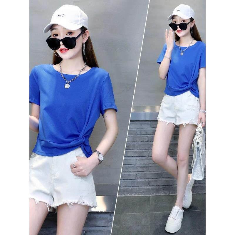 蓝色圆领短袖t恤女子夏季欧洲站新短修身不对称褶皱设计上衣