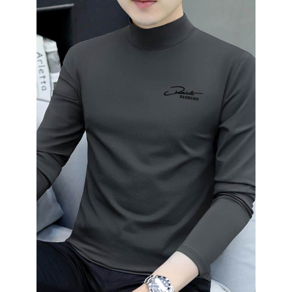 高端春秋纯棉长袖t恤男士冬季加绒加厚保暖打底衫半高领内搭高端
