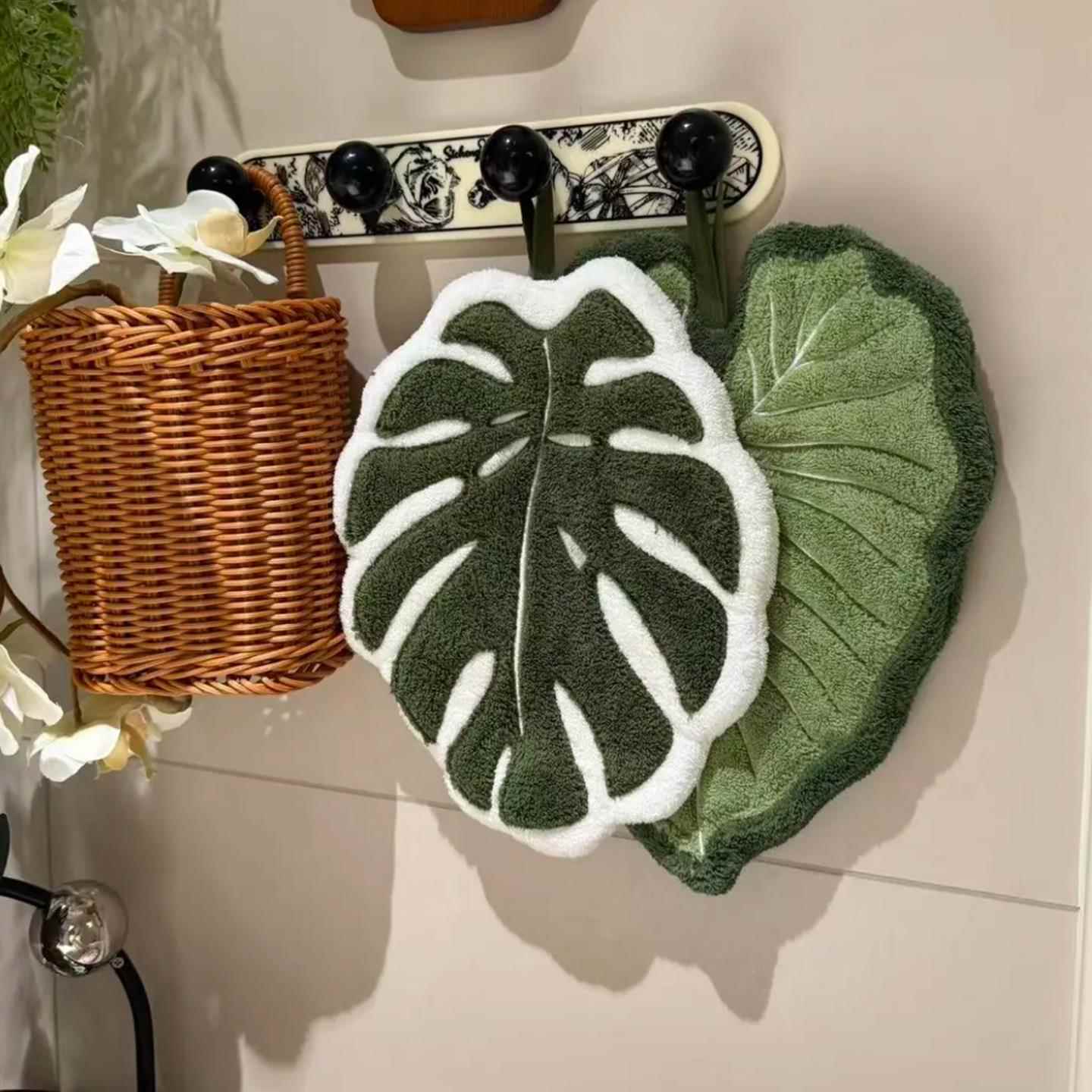 叶子擦手巾绿植可爱加厚珊瑚绒创意挂式厨房卫生间吸水抹布擦手帕