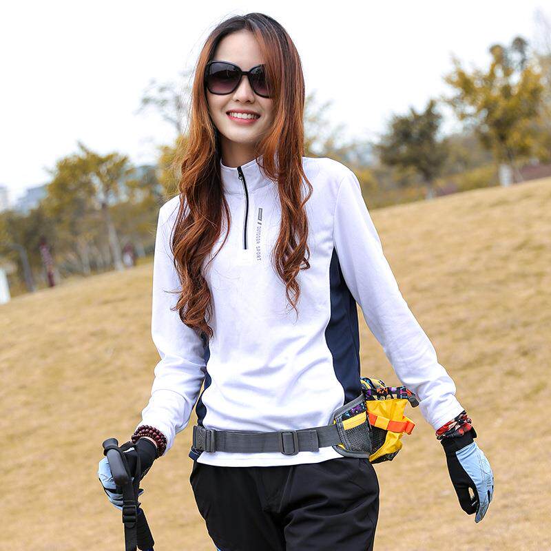 女士长袖速干衣户外运动T恤薄款徒步透气登山服拼接立领快干衣夏
