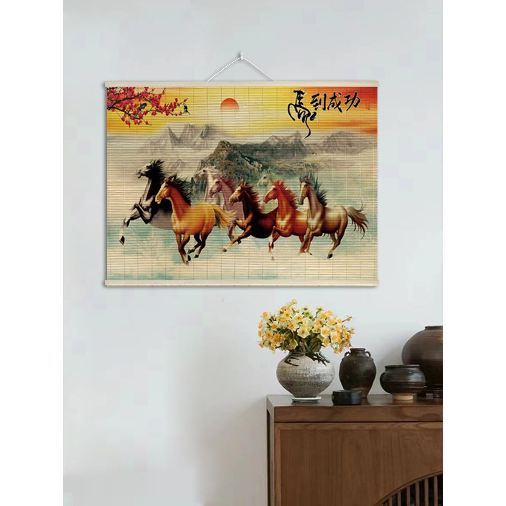 印花竹帘国风装饰画客厅玄关背景墙竹艺横版挂画书房覆古竹片挂帘