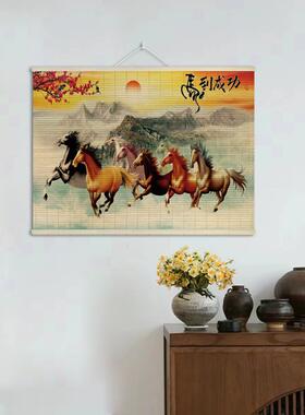 印花竹帘国风装饰画客厅玄关背景墙竹艺横版挂画书房覆古竹片挂帘