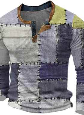 3D printed retro button long sleeved T-shirt 3D印花长袖T恤男