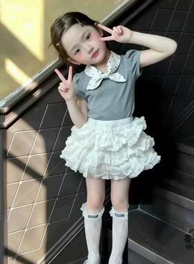 女童夏套装学院风短袖夏季短袖2026新款宝宝灰色波点修身泡泡袖甜