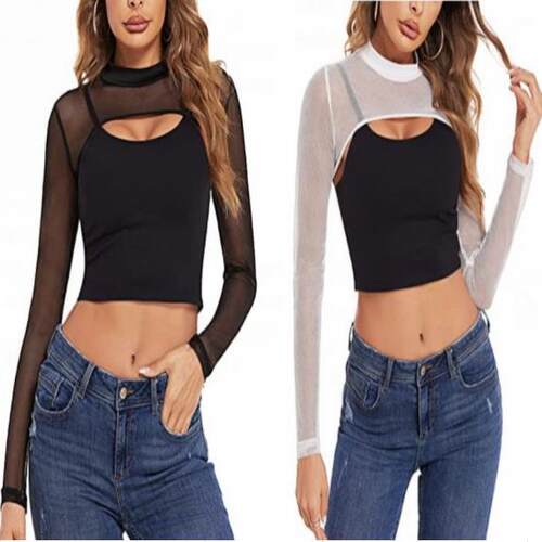 Mesh Crop Tops For Women Mock Neck Long Sleeve Crop Top