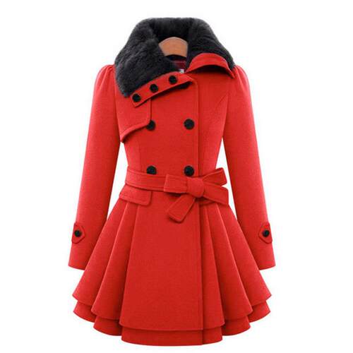 Women's waist belt, medium length woolen coat, large skirt