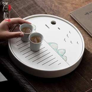 酒店茶具功夫茶台日式 陶瓷茶盘圆形家用托盘干泡台小型茶海储水式