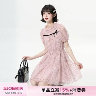 小葱良裁 粉雾蝶结 粉色圆翻领波点天丝连衣裙夏收腰泡泡袖蛋糕裙