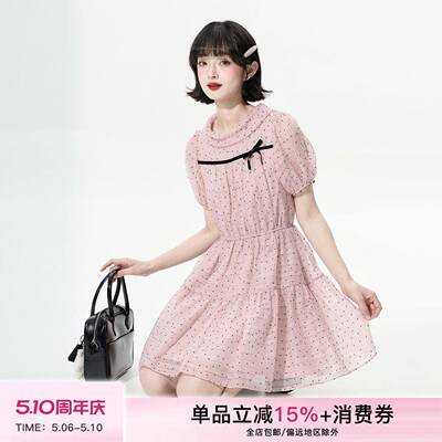 小葱良裁 粉雾蝶结 粉色圆翻领波点天丝连衣裙夏收腰泡泡袖蛋糕裙