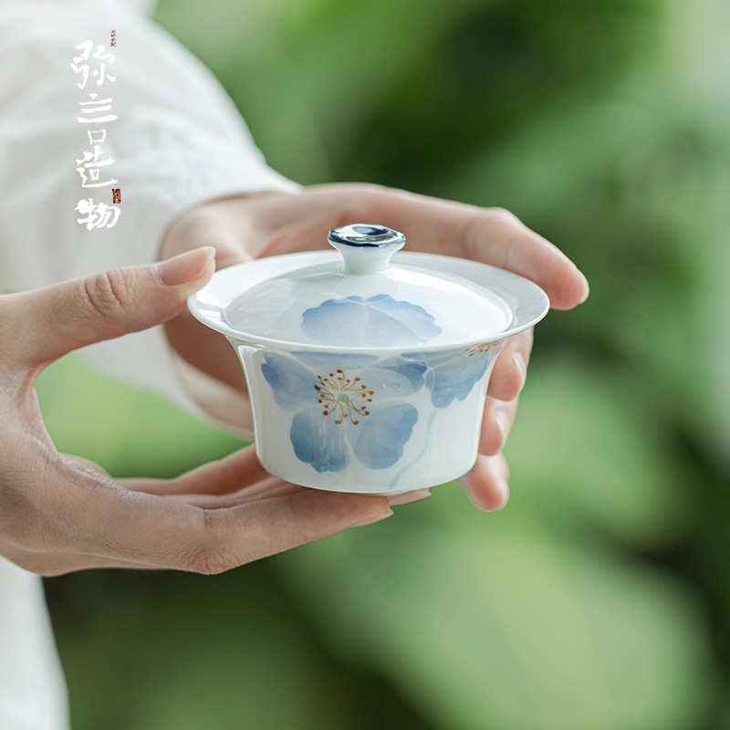 弥言手工薄胎泡茶碗不烫手盖碗白瓷手绘盖碗茶杯家用茶艺小号盖碗