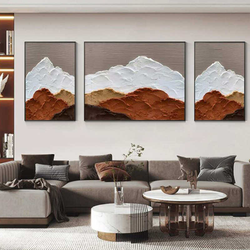 手绘立体沙发三联挂画奢纯抽象油画客厅装饰画背景轻肌理橙色墙