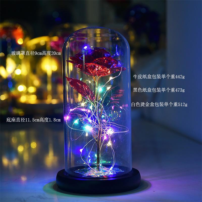 新款直销亚马逊24k金箔花玫瑰玻璃罩led仿真花情人节圣诞节礼物礼