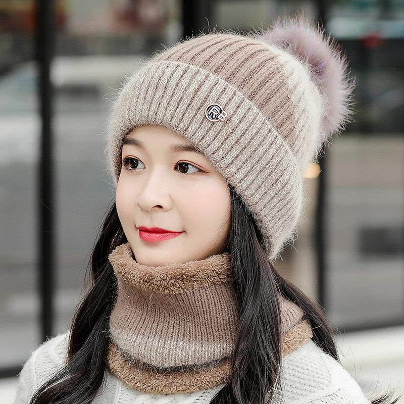帽子女秋冬季百搭时尚加绒毛线帽冬天骑车保暖防风防寒棉帽针织帽
