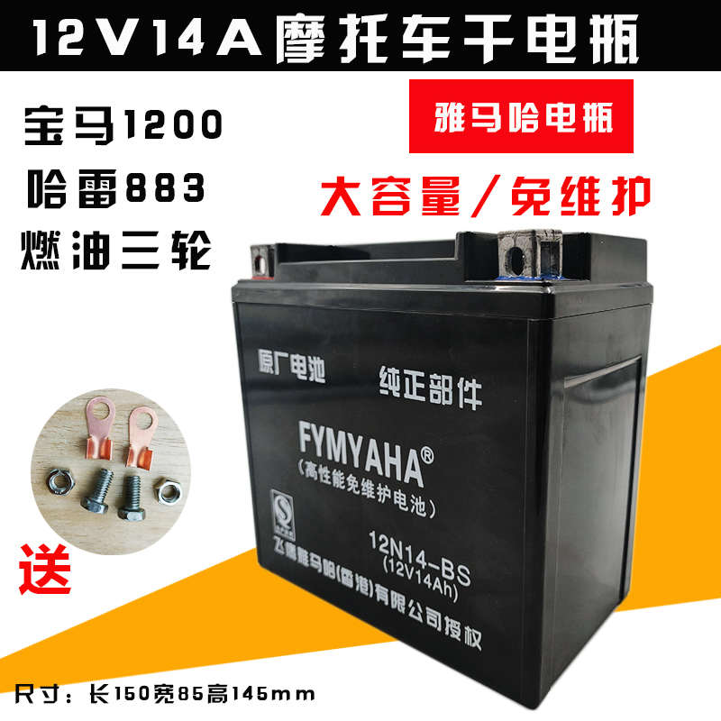 适用大排量摩托车电瓶12V14安光阳250嘉陵JH600三轮车蓄干电池14A