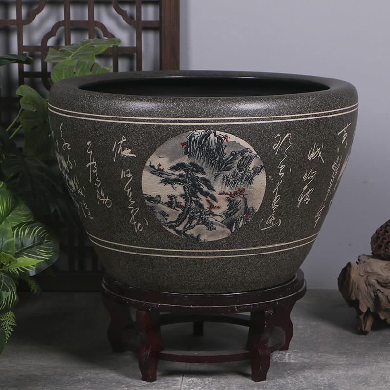 景德镇落地大水缸荷花盆阳台碗莲金鱼缸造景新中式古法庭院养鱼盆