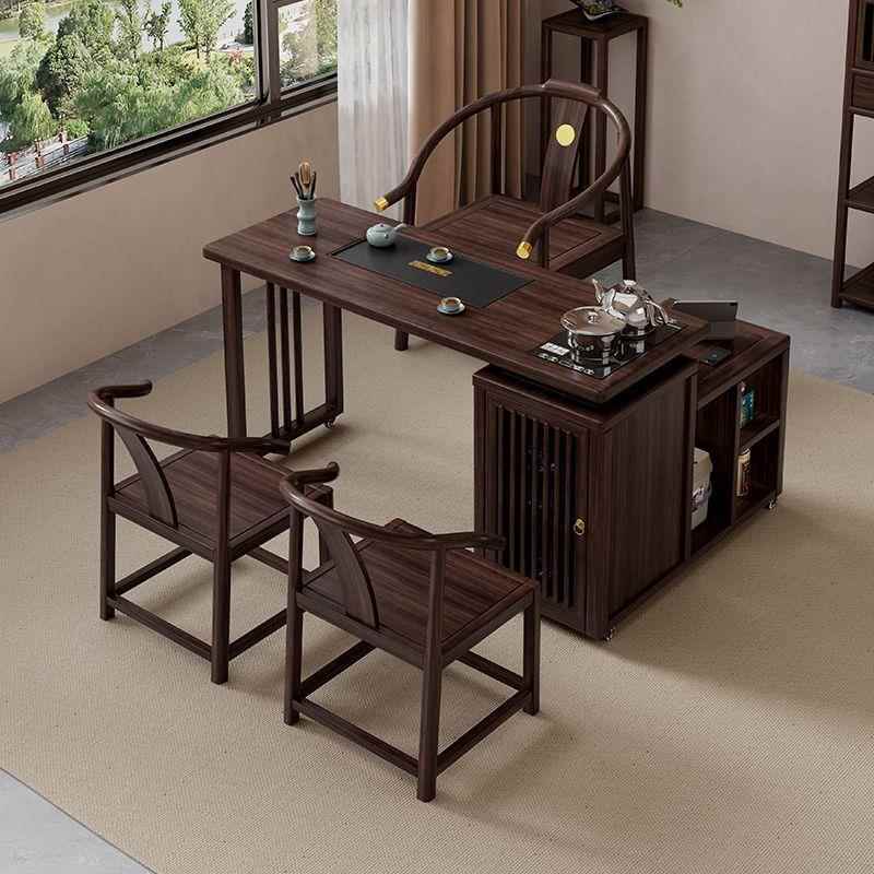 乌金木可移动旋转茶桌椅组合折叠茶桌小户型家用客厅阳台茶台茶几