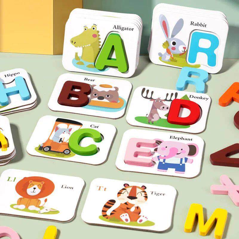 Montessori Wooden Spell Word Game Letter Cognitive Card Matc