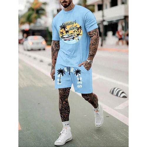 Regular Fit Letter & Palm Tree Leaf Print Tee & Shorts