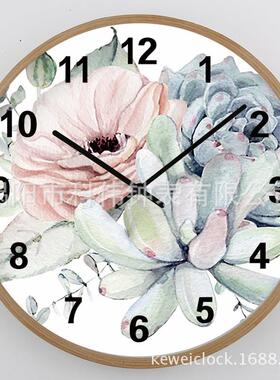 简223创T9915意约田园风0人掌多肉木质挂钟客厅实木壁钟时钟木仙