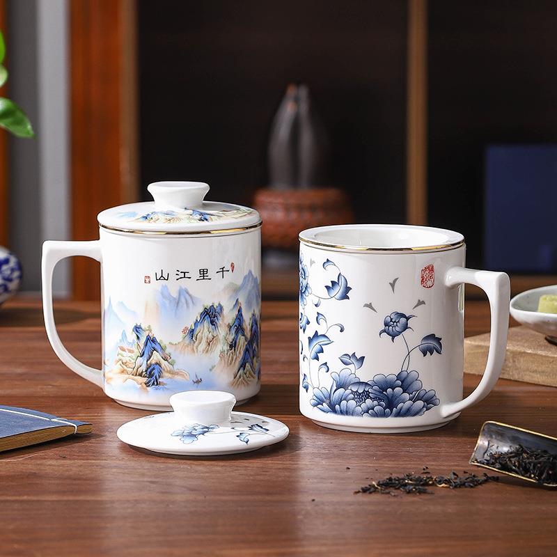 中式带盖陶瓷杯办公室泡茶杯带过滤网茶水分离杯茶隔杯个人杯