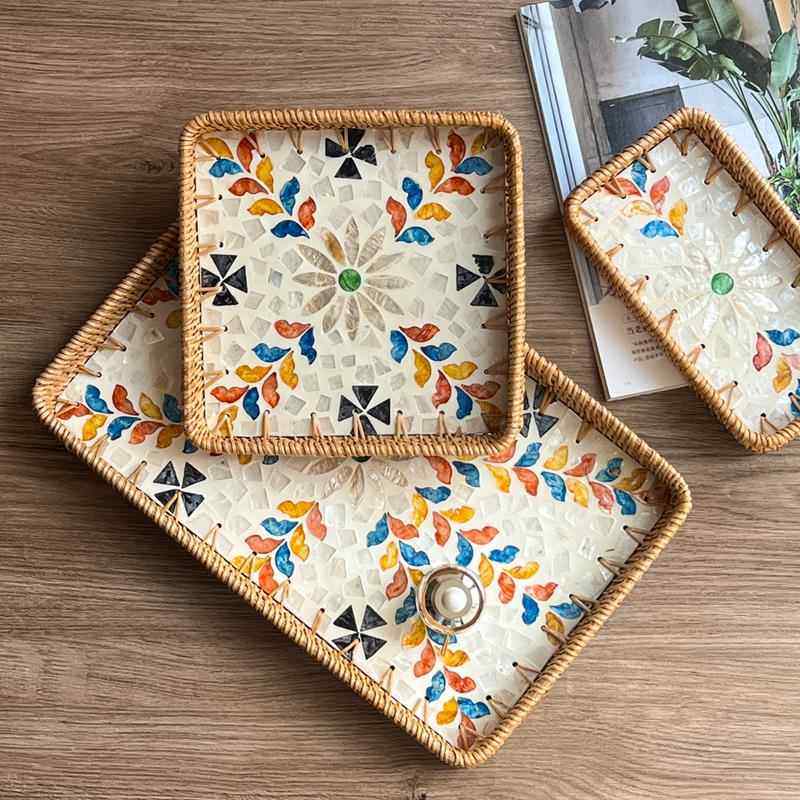 法式轻奢高档天然手工藤编贝壳托盘家用客厅茶几零食收纳水果盘子,餐饮具,餐用托盘,淘宝优惠券,粉丝福利购,淘宝优惠卷