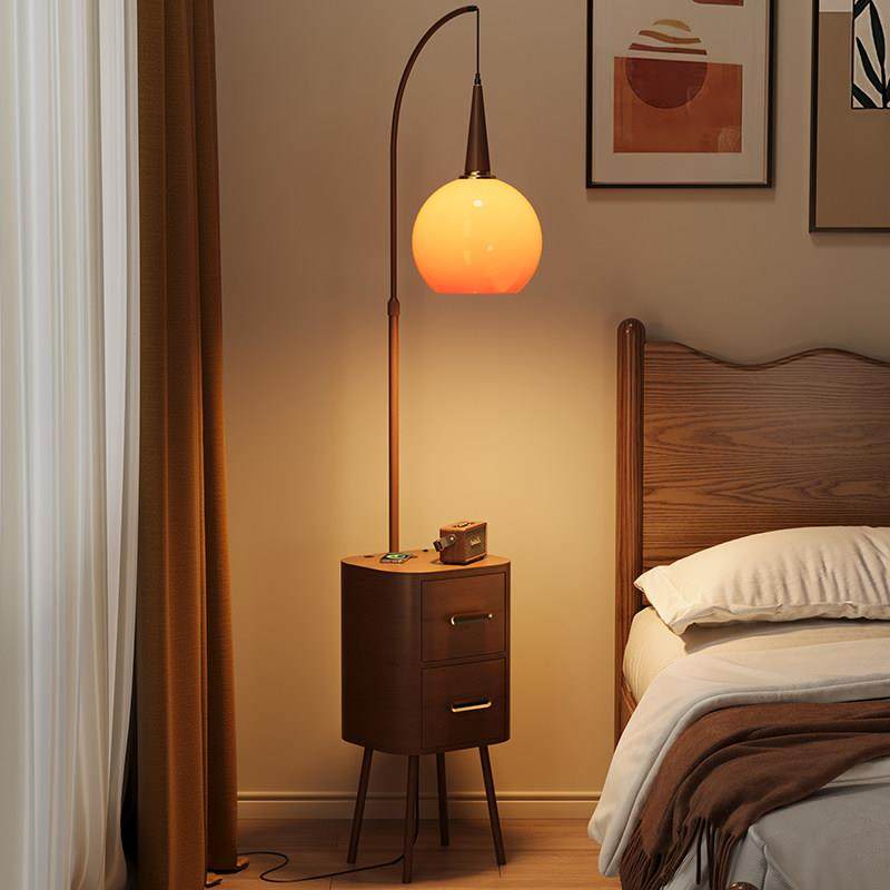 落地灯床头柜台灯一体中古风家用卧室轻奢高级感置物架覆古创意