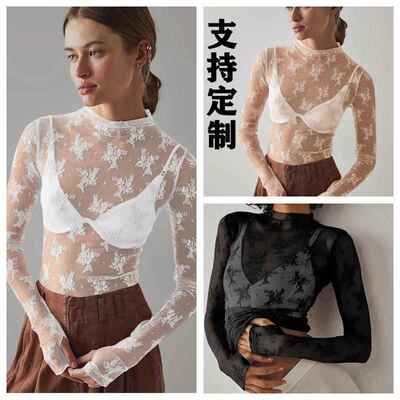 Mesh Long Sleeve Layering Top for Women Mock Neck Floral