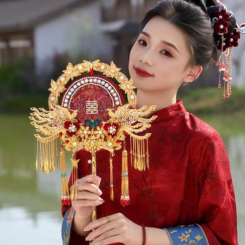 团扇新娘结婚双面重工秀禾喜扇手工diy材料包婚礼高级出嫁手捧花