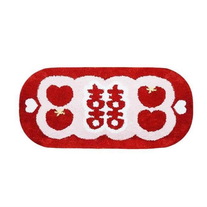 结婚可爱囍字植绒地毯喜庆红色簇绒长毛客厅脚垫可机洗折叠地毯垫