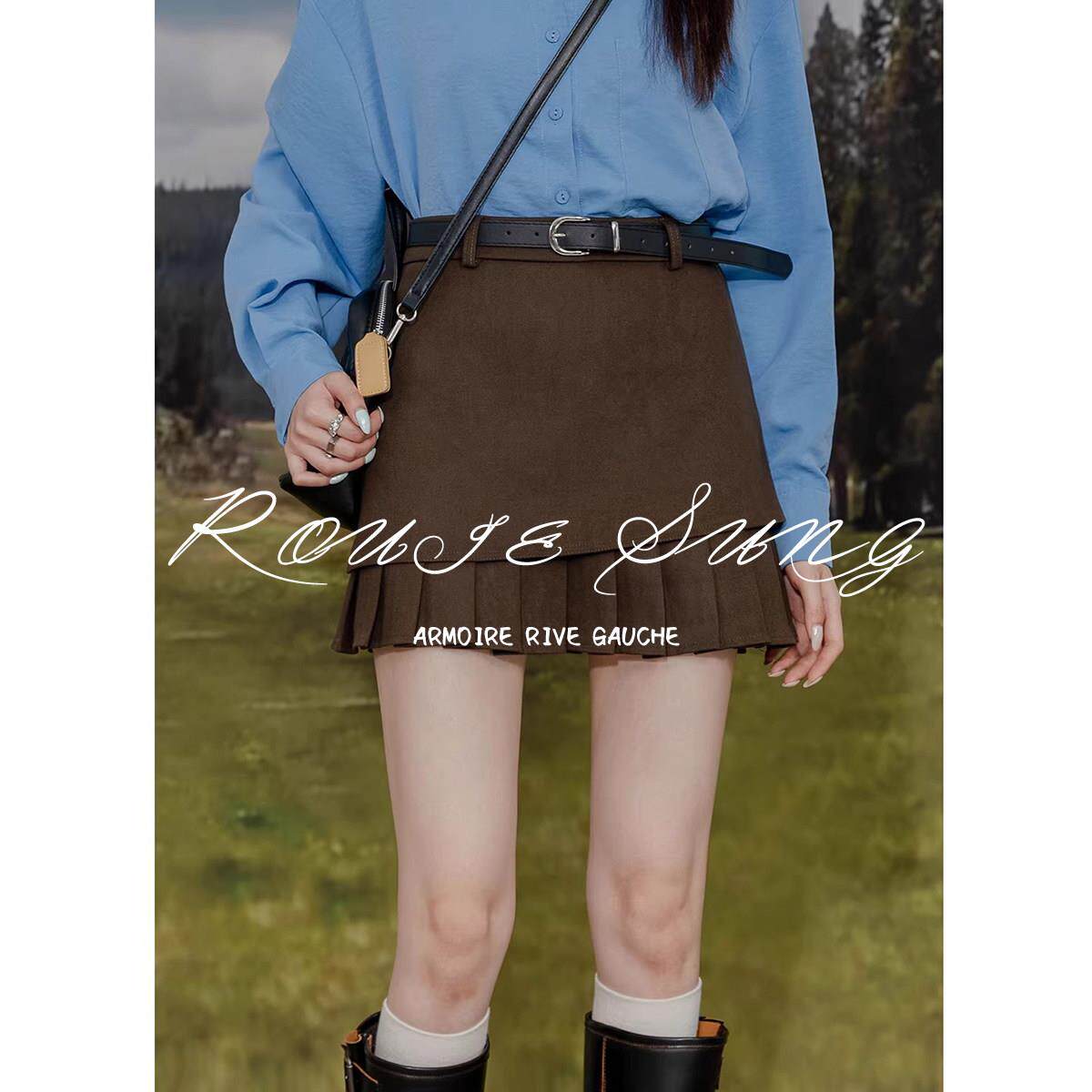 ROUJE SUNG设计感毛呢半身裙女高腰显瘦百褶裙防走光内衬A字短裙