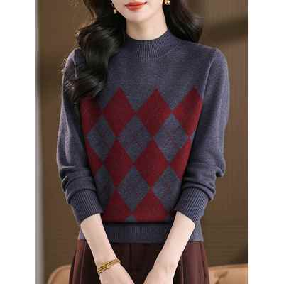 ROUMIKL覆古菱格半高领毛衣女秋冬2025新款拼色针织打底衫高级感