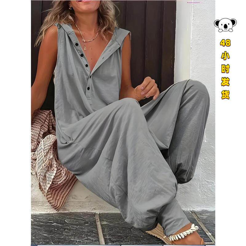 K 64196 Button Hooded Sleeveless Jumpsuit 扣子连帽无袖连体裤