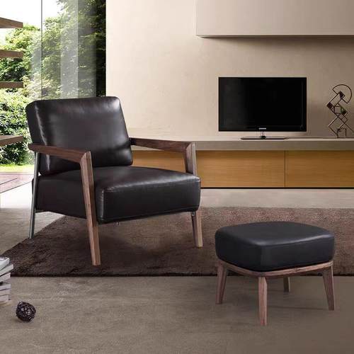 中式皮艺单人沙发椅轻奢实木简约洽谈休闲椅设计师新款售楼处阳台