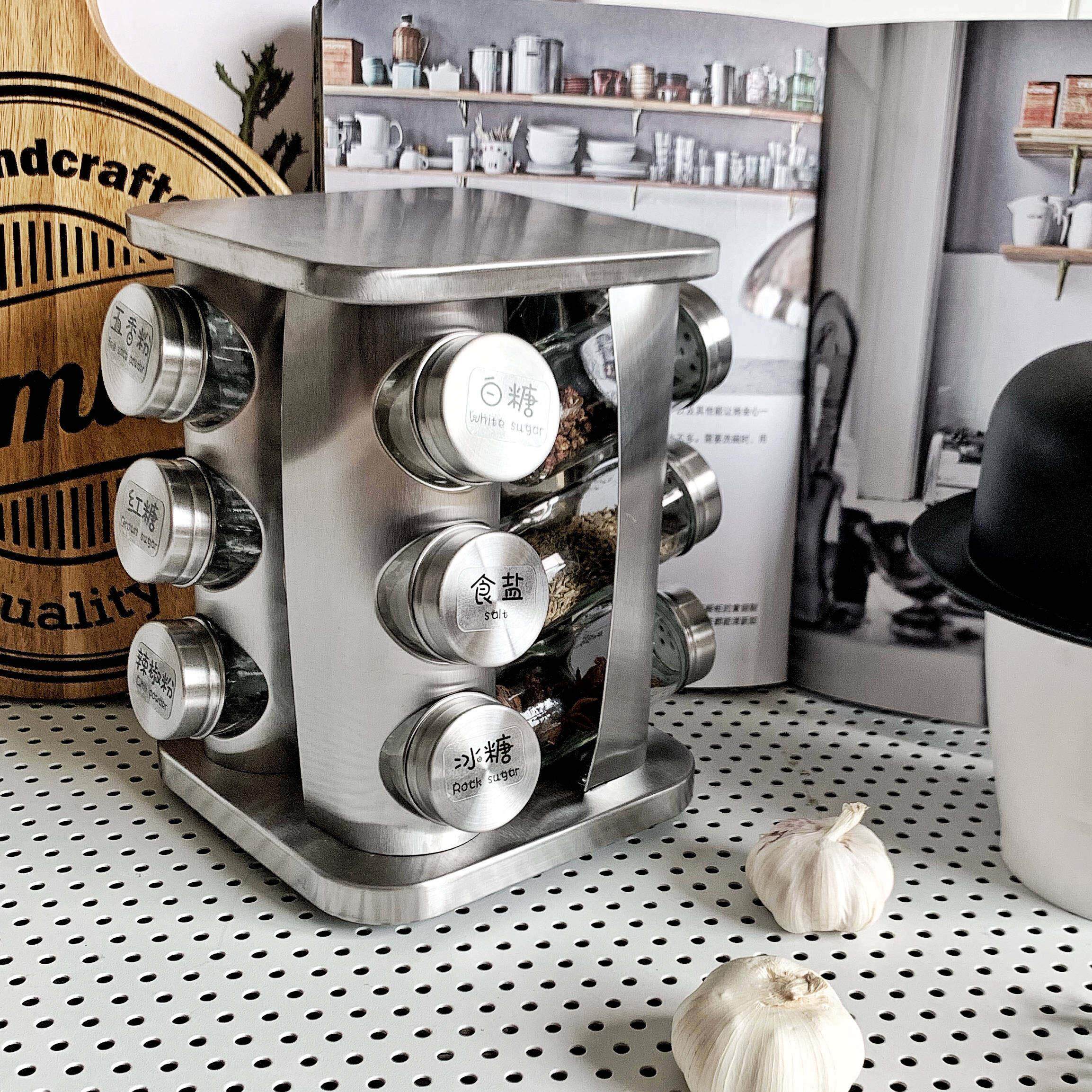 新品！旋转英文调味瓶收纳层架 北欧风不锈钢调味罐厨房用品套组