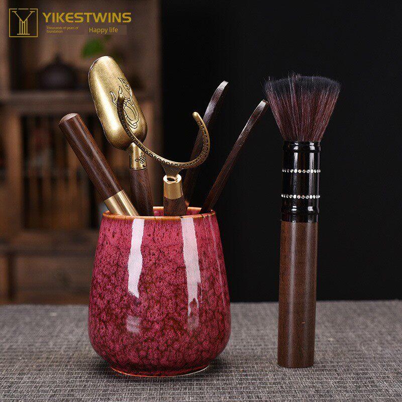 茶道高端手工茶道配件黑檀木六君子茶夹茶勺泡茶工具收纳茶筒套装